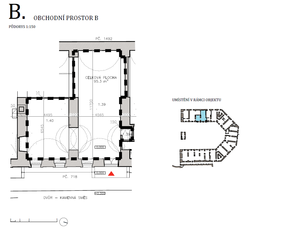Půdorys jednotky B — obchodní prostor 95 m², přízemí, vstup z vnitrobloku