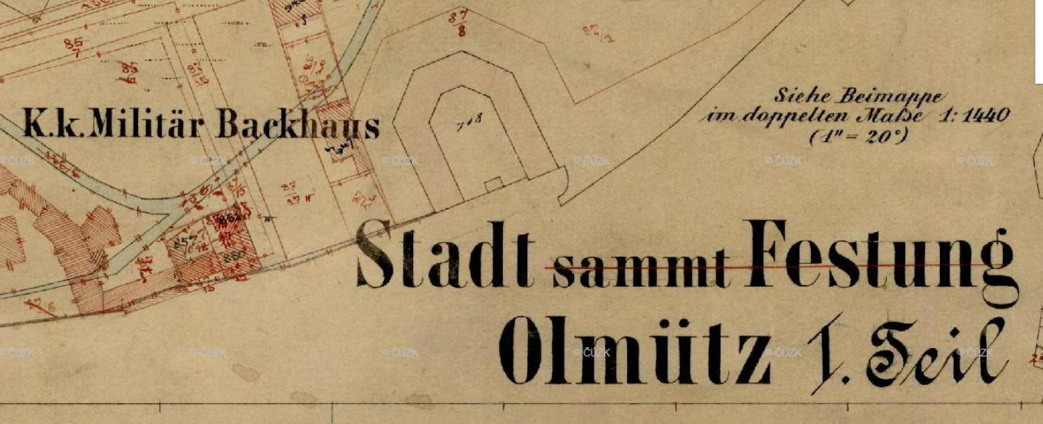 Výřez katastrální mapy Olomouce z roku 1891 s Vojenskou pekárnou (K. k. Militär-Backhaus)